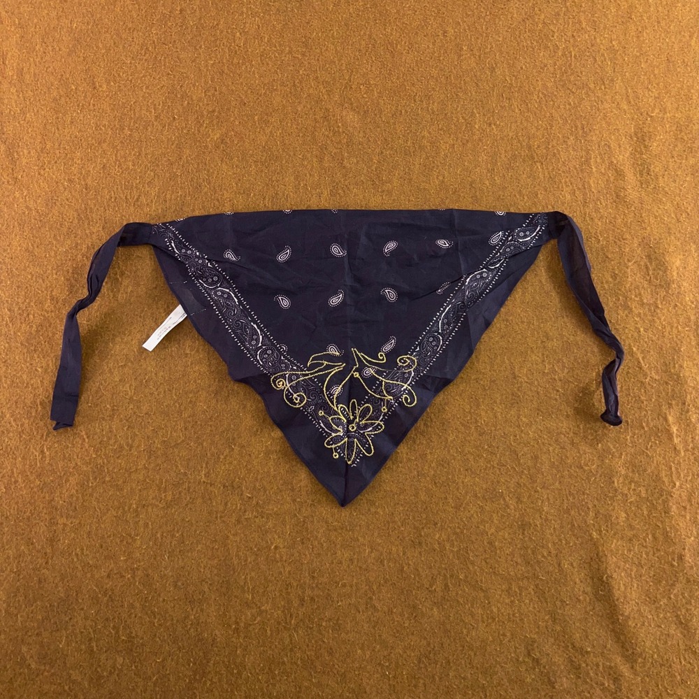 Free People Womens OS Navy Paisley Gold Floral Embroidered Tie Bandana Headscarf